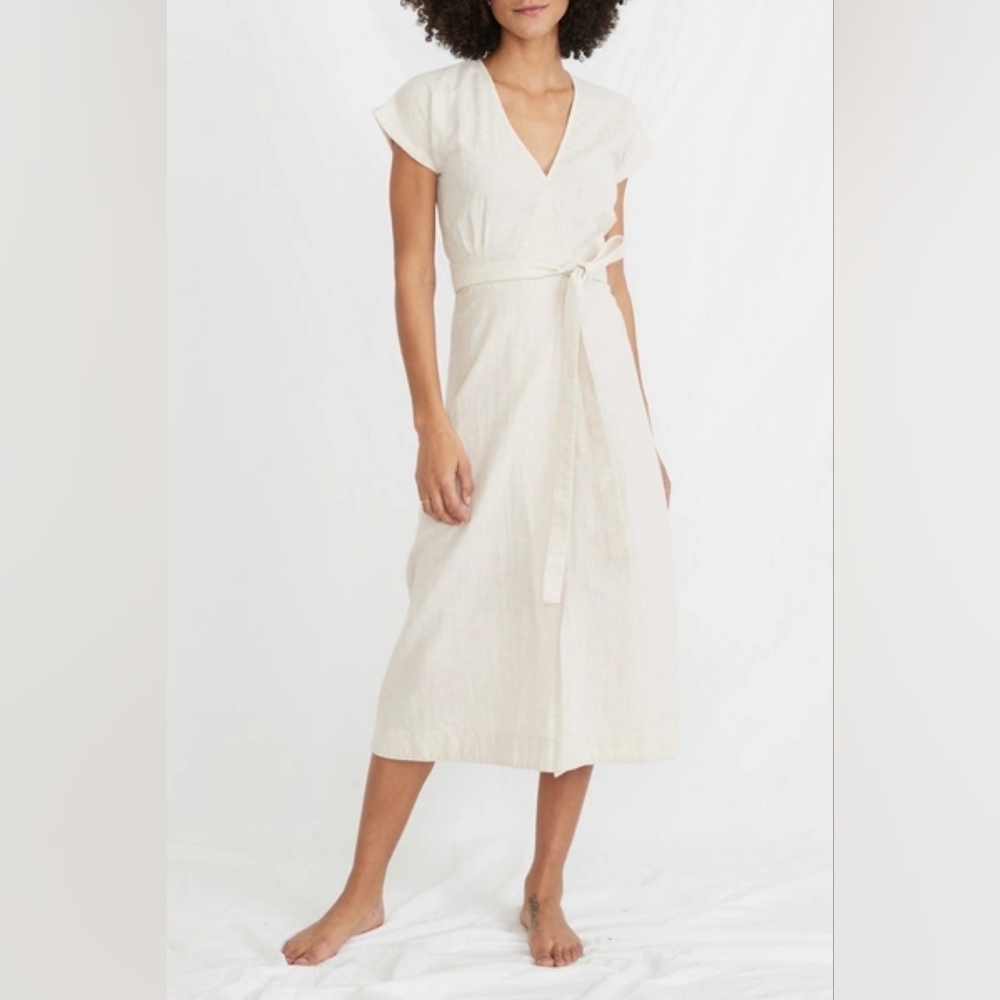Marine Layer Maddie Wrap Dress in Oatmeal/Peach Stripe Size Medium